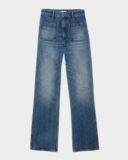 McQueen Low-Rise Red-Wash Denim Flare Trousers | Neiman Marcus