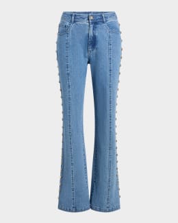 McQueen Foldover-Waist Denim Flare Trousers | Neiman Marcus