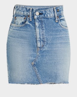 McQueen Foldover-Waist Midi Denim Skirt | Neiman Marcus