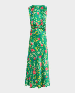 Jacqui-B Belted Floral Silk Midi Dress | Neiman Marcus
