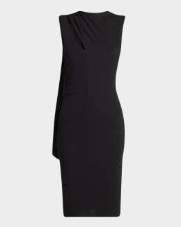 Akris punto Cap-Sleeve Zip-Front Seamed Dress, Black | Neiman Marcus