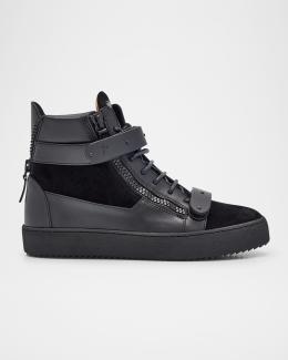 Giuseppe Zanotti Men's Mixed-Leather Mid-Top Sneakers | Neiman Marcus