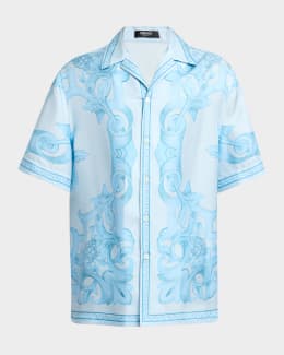 Versace Men's Barocco Denim Camp Shirt | Neiman Marcus