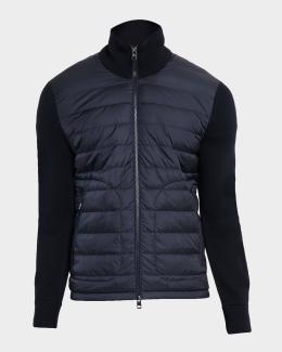 Moncler Men's Ribbed Cardigan with Leather Trim | Neiman Marcus