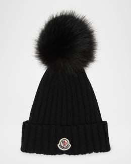 Moncler Ribbed Logo Beanie with Faux Fur Pom | Neiman Marcus