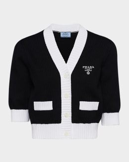 Prada Logo Intarsia V-Neck Superfine Cashmere Cardigan | Neiman Marcus