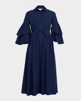 blue cotton poplin maxi shirt dress by evi grintela Nicole Side-Slit Shirtdress adjustable cuffs Cinched waist Cettire Made:  Turkey Denim Overall Dress with Atria Signature Colors:Plum