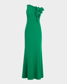 One-Shoulder Jacquard Side-Ruffle Gown | Neiman Marcus