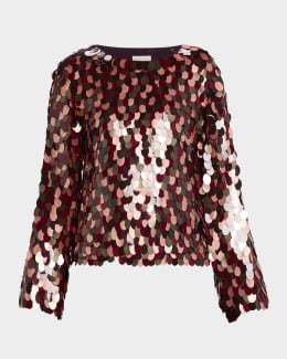 Sequined Signature Mesh Long-Sleeve Top