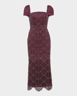 Theia Selena Draped Floral Lace & Mikado Column Gown