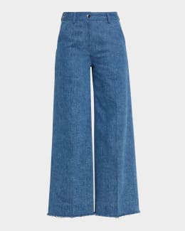 Marni Flower Patch Velvet-Waistband Wide-Leg Denim Trousers