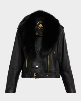 Moose Knuckles MTD Leather Biker Jacket with Shearling Trim