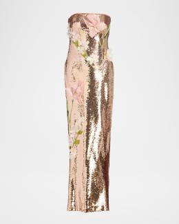 amsale rose gold sequin dress Strapless Sequined Floral Cape Column Gown Badge-Viral