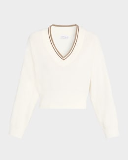 Prada V-Neck Cropped Cotton Sweater | Neiman Marcus