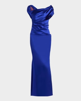 Talbot Runhof Stardust Jersey Off-The-Shoulder Gown, Blue, Women's, 6, Evening Formal Gala Gowns Mother of the Bride Groom Off-The-Shoulder Gowns