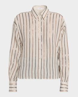 Brunello Cucinelli Cropped Button-Down Linen Shirt | Neiman Marcus