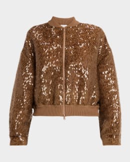 Brunello Cucinelli Wool-Cashmere Rib Shimmering-Collar Zip