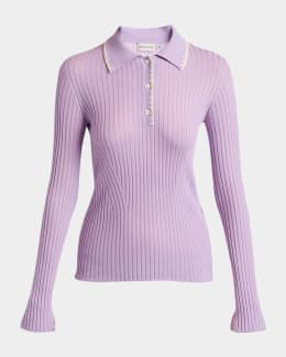 Amiri Metallic Floral Crochet Short-Sleeve Polo Top | Neiman Marcus