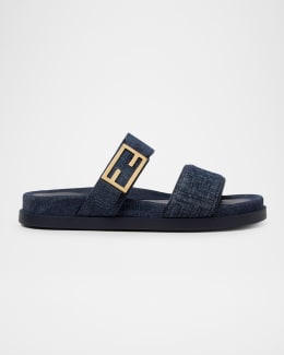 Fendi Fendi FF-Embossed Leather Dual Strap Slide Sandals | Neiman