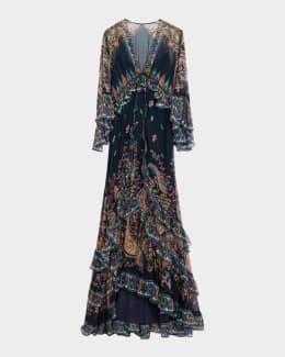 Etro Lotus Paisley-Print Long-Sleeve A-Line Gown | Neiman Marcus