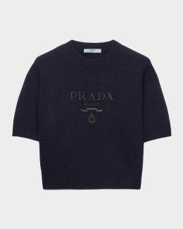 Prada Logo Knit Wool-Cashmere Crewneck Sweater | Neiman Marcus
