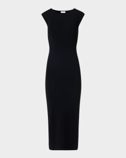 Akris punto Cap-Sleeve Zip-Front Seamed Dress, Black | Neiman Marcus