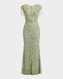 mac duggal beaded mini sheath dress Silver Long Sleeve Embellished Mini Dress with Velvet Flower