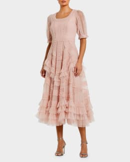Mac Duggal Beaded Floral Applique Midi Dress