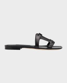 Gucci Leather Logo Cutout Flat Sandals | Neiman Marcus