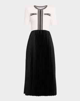 elie tahari mixed media pleated midi-dress Elie Tahari Women's The Mave Mixed Media Dress - NOIR