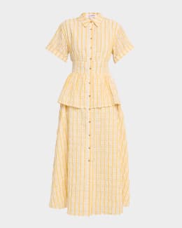 rosie assoulin golden afternoon striped linen midi dress Blue Stripe Falling off the Shoulder Midi Dress