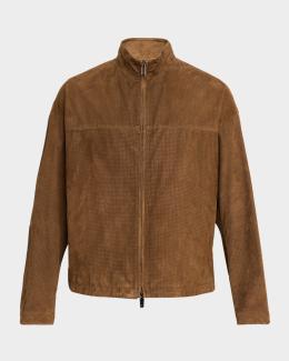 Emporio Armani Men's Perforated Suede Trucker Jacket | Neiman Marcus