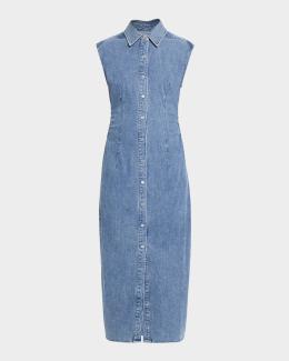 Cinq a Sept Zelda Belted Asymmetric Sleeveless Denim Midi Dress