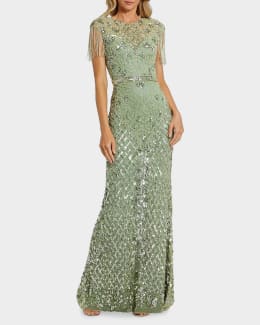 Mac Duggal - Gold Sequin Draped Sleeve V-Neck Gown - US 16