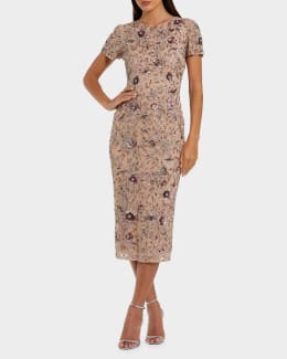 beaded empire waist column midi cocktail dress mac duggal Blue Beaded Cap Sleeve Empire Waist Sheath Midi Dress