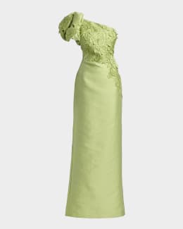 Badgley Mischka Strapless Ruffle-Trim Pleated Chiffon Gown | Neiman Marcus