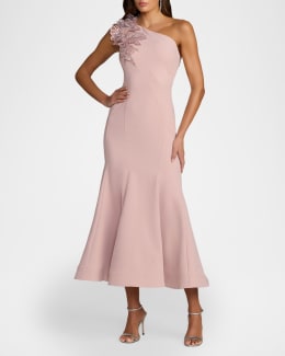 Mac Duggal Mesh Ruffled V-Neck Midi-Dress | Neiman Marcus