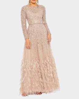 sandy beach white dresser Mac Duggal Beaded Long Sleeve High Neck Gown