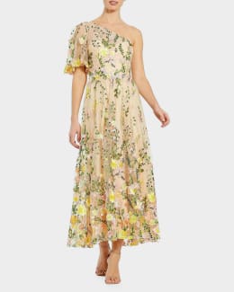 Mac Duggal Beaded Floral Applique Midi Dress