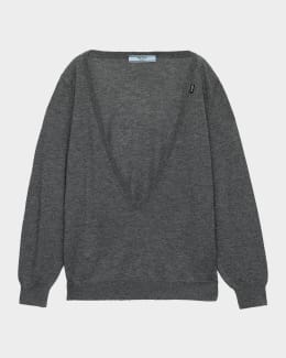 Prada V-Neck Cropped Cotton Sweater | Neiman Marcus