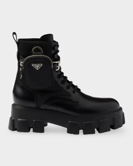 Prada Mesh Fabric & Brushed Leather Ankle Boots with Pouch