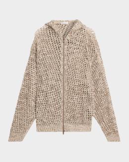 Brunello Cucinelli Paillette Linen Open-Knit Zip Cardigan | Neiman