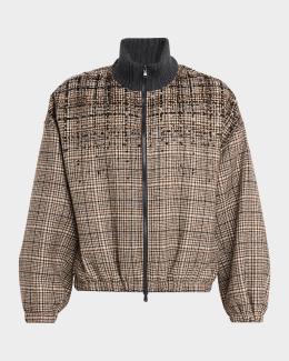 Brunello Cucinelli Check Lamb Shearling Zip Jacket | Neiman Marcus