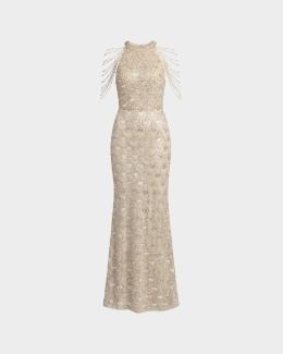 Ramy Brook Kinsley Floral Sequin Halter Gown