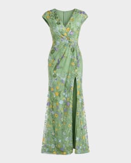 Mac Duggal Beaded Floral Applique Illusion Gown | Neiman Marcus
