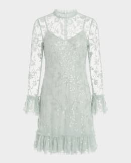 Mac Duggal High-Neck Ruffled A-Line Midi Dress | Neiman Marcus