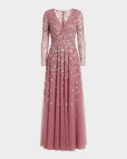Mac Duggal Floral-Embroidered Tulle Midi Dress | Neiman Marcus