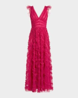 Mac Duggal Ruffled Tiered Polka Dot Charmeuse Gown | Neiman Marcus