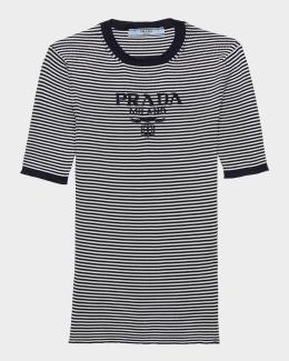 Prada Short-Sleeve Rib-Knit Logo Sweater | Neiman Marcus