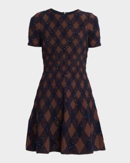 Balmain Short-Sleeve Diamond Compact Knit Mini Dress